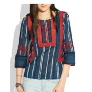 Lucky Brand Womens blouse top sz Medium red white Blue embroidered Striped boho